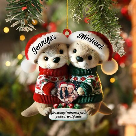 Benutzerdefinierter Name & Foto Weihnachten Otter Paar personalisierte Ornament